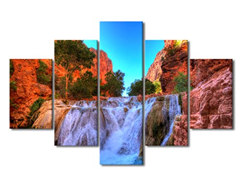 5 Piece Waterfall Natural Landscape Picture Painting Retro Canvas Waterfalls Wall Art Waterfalls Grand Canyon Prints Framed Giclee Prints Fine Art for Home Office Decoration Ready to Hang - 60"Wx40"H