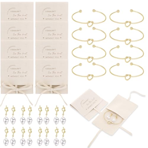 Quelay 24 Pcs Bridesmaid Pearl Jewelry Set of 8 Bridesmaid Bracelet Earrings Jewelry Gift Pouch with Bow Tie I Couldn't Tie The Knot Without You Wedding Bride Shower Supplies - Main Image