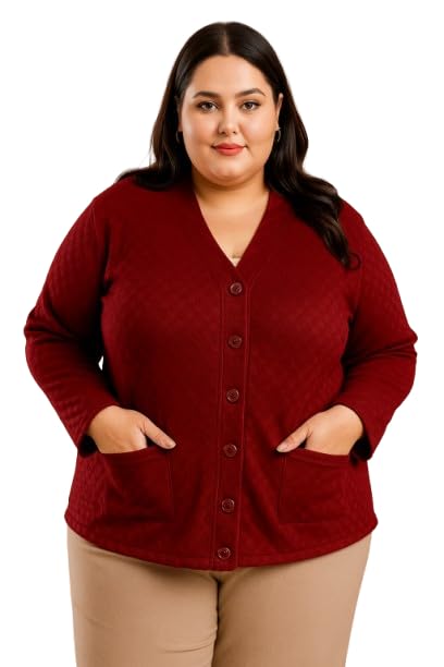 Women's Woollen V-Neck Plus Size Winter Cardigan Sweater with Front Pockets