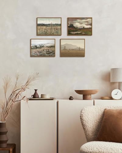 Image of KISSFOX Vintage Landscape Framed Wall Art Grassland Mountain Canvas Wall Art Minimalist Neutral Farmhouse Serene Countryside Paintings Artwork Rustic Art Prints For Bedroom Living Room