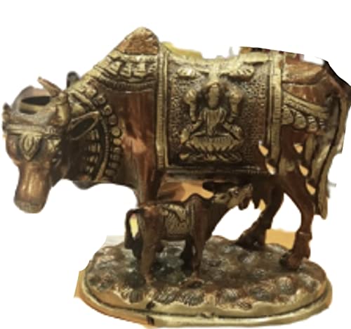 Vache et veau en laiton antique marron, statue artisanale d'exception pour salon