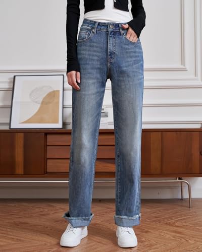 UPNET Womens High Waisted Jeans Stretchy Straight Leg Loose Fit Tummy Control Raw Hem Denim Pants Trendy 2025 Fashion (US, Numeric, 12, Regular, Regular, Blue)