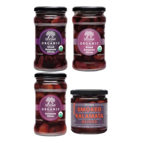 Image of DIVINA Olive Variety Assorted: Organic Pitted Kalamata Olives, Whole, Sliced & Smoked (Variety 4-Pack, 1 each)