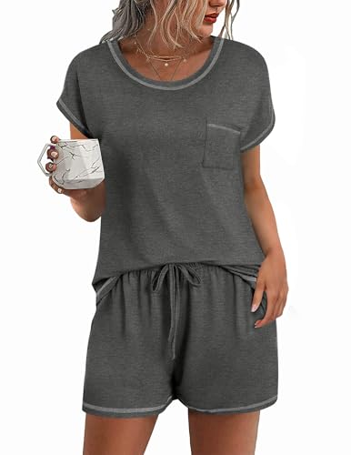 Image of Ekouaer Womens Pajama Sets 2 Piece Soft Short Sleeve Top and Shorts Sleepwear Round Neck Pjs Lounge Set with Pockets