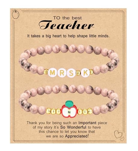 Image of Teacher Appreciation Gifts for Women,Teacher Must Haves Initial Bracelet Mrs Miss End of Year Teacher Gifts Thank You for Helping Me Grow Music Math Science Teachers Bracelets Retirement 2 Set Jewelry