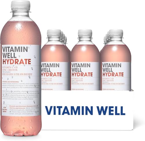 Vitamin Well Rhubarb & Strawberry Flavoured Water Packed with Vitamin C D Zinc Biotin Low Calorie 24 x 500ml (HYDRATE)
