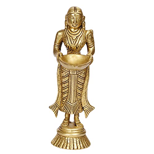 Kartique Dama de pie de latón con Diya para decoración de entrada del hogar Puja Room Meenakshi Devi Holding Oil Lamp Deep Laxmi Deepak Deepam Diwali Gift Height 8 Inch Gold Color Tamaño Pequeño Cover