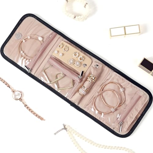 BELALIFE Travel Jewelry Case Organizer, Small Foldable Storage Roll for Earrings, Necklaces, Rings, Bracelets, Brooches, Black - Image 3
