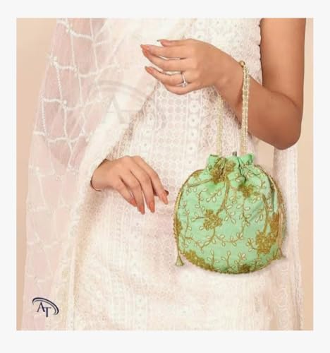 Image of AT Traders Embroidered Potli Bag Pack of 18 | Leaf Floral Design With Moti Handle Batwa Bag | Traditional Shagun Potli for Return Gifts | Ideal for Mehandi, Haldi, Baby Shower, Wedding, Sangeet