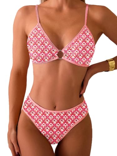 Image of Fanuerg Women's Triangle Bikini Sets O Ring Linked Two Piece Swimsuits Floral Printed Cheeky Bathing Suit