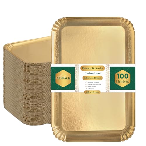 Plateau de Service en Carton Épais Doré 28 × 19 cm – Lot de 100 Plateaux Traiteur Jetables Professionnels – Présentoir Apéritif Buffet – Plateau...