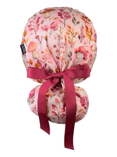Image of Scrub Cap for Women and Men, Ponytail Scrub Caps, Working Hat, Head Cover with Ribbon Ties and Buttons, Long Hair
