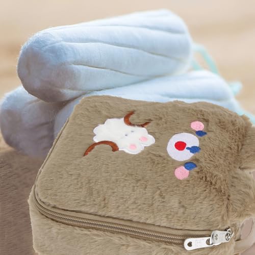 Image of DOITOOL Brown Plush Period Pouch - Large Capacity Cosmetic Bag with Zipper for Menstrual Pad Storage, Compact and Stylish for Girls