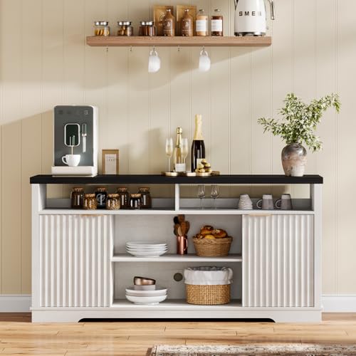 SuciJeudi Modern TV Stand for TVs Up to 65 Inch, Fluted Entertainment Center with Storage Cabinet, TV Media Console Table with Adjustable Shelves for Living Room Bedroom, Black + White