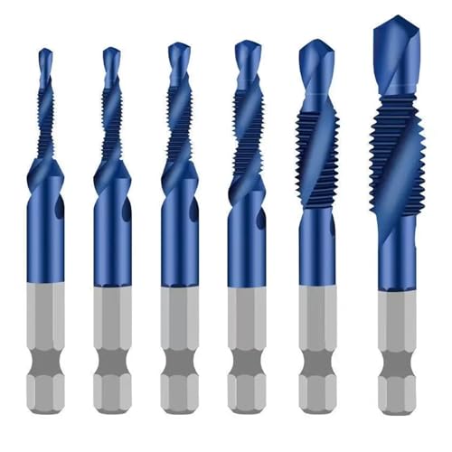 6pcs Screw Tap Drill Bits Hss Taps Countersink Deburr Set Metric Combination Bit High Speed Steel 1/4 in Quick Change Hex M3-M10