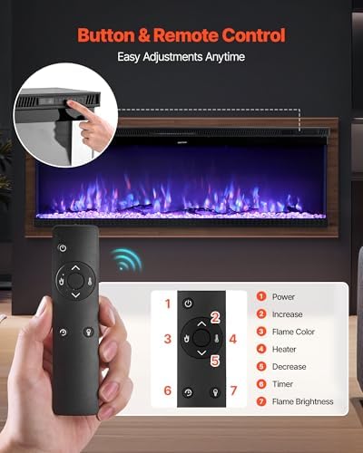 VEVOR 50 inch Electric Fireplace, Three-Sided Glass Wall Mounted Recessed Fire Place with Remote Control, Timer, 1500W, Adjustable Flame Color Brightness,Overheat Protection, for Living Room,Bedroom - Thumbnail 3