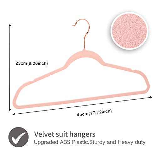 Premium Velvet Hangers HeavyDuty - Non Slip Sturdy Suit Hangers- Rose Gold Swivel Hooks - Felt Hangers-Space Saving Clothes Hangers 50 Pack for Skirts Coats (Blush Pink/Rose)