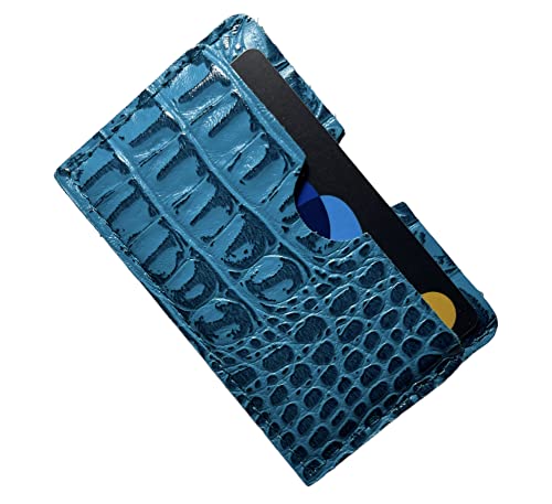 Real Leather Credit Card Holder - Handmade 100% Genuine Cow Leather Business Card Case Embossed Reptile Pattern - Turquoise Caiman4