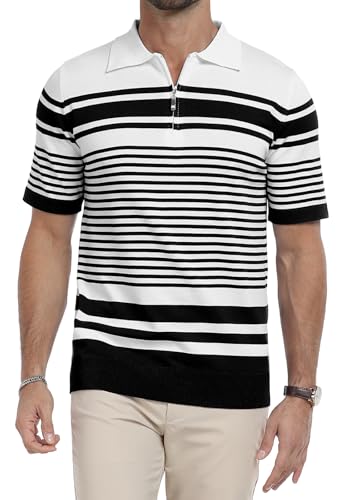 KUYIGO Men's Knit Collared Polo Shirts Short Sleeve Zipper Striped Tops Classic Fit Casual Soft T-Shirt2