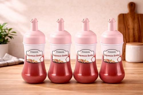 Image of Pink Premium Squeeze Bottles - BPA-Free Condiment Dispensers with Leak-Proof Green Caps for Ketchup, Oil, Vinegar & More - Pack of 4, Transparent Design for Kitchen & Restaurant Use