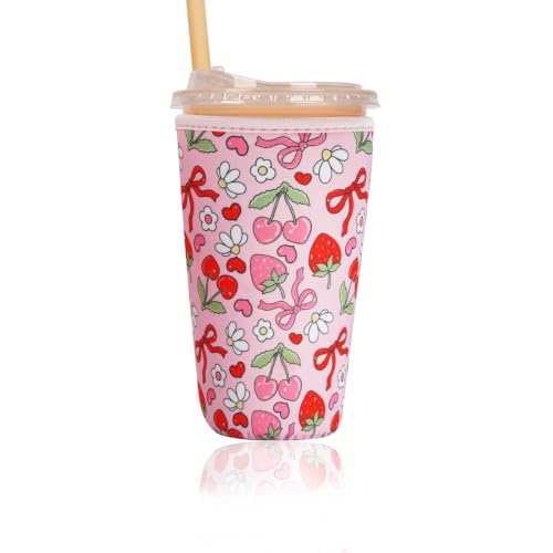 Image of Reusable Insulated Sleeve for Iced Coffee Cup, Coffee Neoprene Sleeve for Cold & Hot Drinks, Beverage Holder for Iced Coffee (Cherry Ribbons, Large: 32oz)