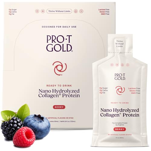 ProT Gold Liquid Collagen Protein Shot 17g Nano Hydrolyzed & Grass Fed 2g Arginine for Wound Support Gluten Free Fat and Sugar Free 0g Carbs Non GMO Berry 24 fl oz 24 Pack