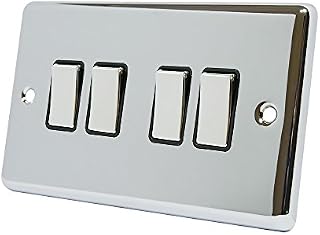 AET CPC4GSWIBC Polished Chrome Classical Black Insert Metal Rocker Switches-10 Amp 4 Gang 2 Way Light Switch, 240 V