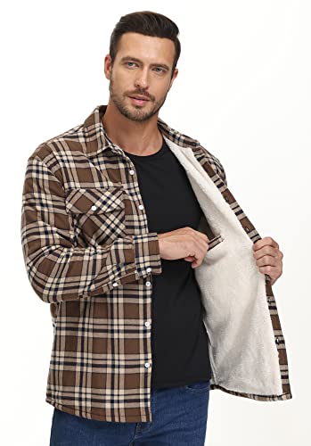 TACVASEN Men's Fleece Flannel Plaid Shirt Jacket Soft Sherpa Lined Cotton Casual Thickened Button Down Coat With Pockets2