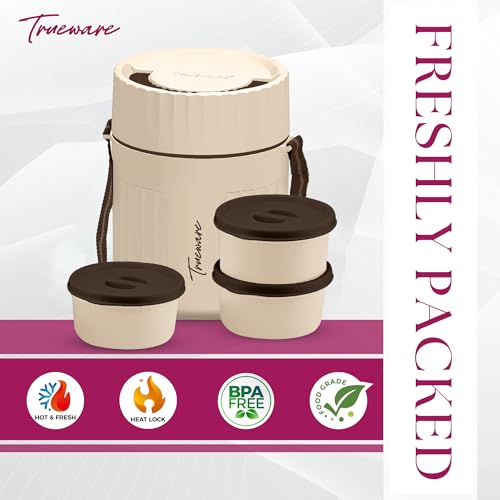 Image of Trueware SNAKK 3 Insulated Hot Lunch Box with 3 PP Container, 3 Container 300 ML Each, Food Grade, BPA Free | Office Lunch Box | Tiffin Box