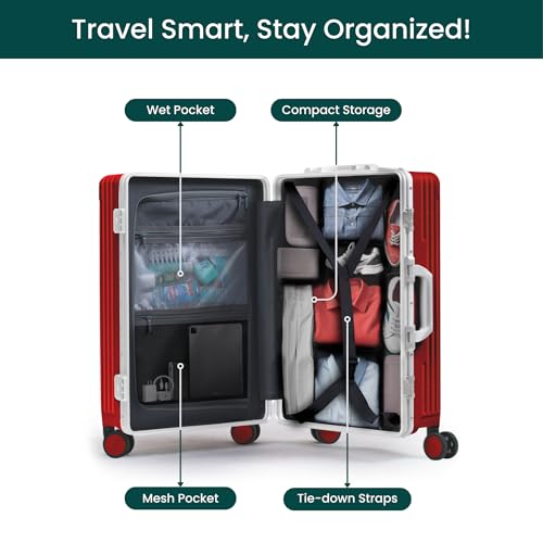 Nobl Travel Zipperless Check In Suitcase - Aluminum Frame, Check In luggage 30.2x20x12 Airline Approved by Noble Travel - Unbreakable Polycarbonate Shell - Dual TSA Locks, 360° Spinner Wheels - Red2
