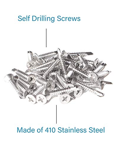 Image of IMScrews 100pcs #12 x 1 Stainless Flat Head Phillips Self Drilling Screws, 410 Stainless Steel Full Thread Sheet Metal Tek Wood to Metal Screws