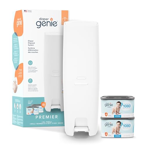 Diaper Genie Premier Diaper Pail Gift Set | Hands-Free Odor Control with Foot Pedal | High-Capacity Diaper Trash Can | Includes 2 Jumbo+ Refills (Holding up to 2 160 Newborn Diapers)
