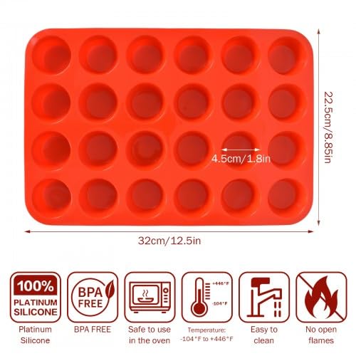 Naapesi 2 Piezas Mini Moldes de Silicona para Magdalenas, Bandeja de Horneado Antiadherente 24 Cavidades para Brownie, Muffins y Cupcakes, Apto para Lavavajillas, 32×22,5×2,5 cm (Rojo)
