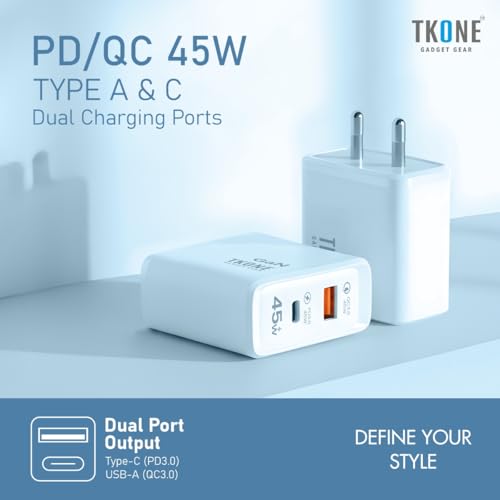 Image of TKONE 45W GaN Fast Charging Adapter with Type C PD & USB A, Dual Port | Super Fast GaN Charger for Samsung Galaxy S25 /S24 /S23 /S22, iPhone 17 /16 /15 /14 /13 /12, OnePlus, Nothing (White)