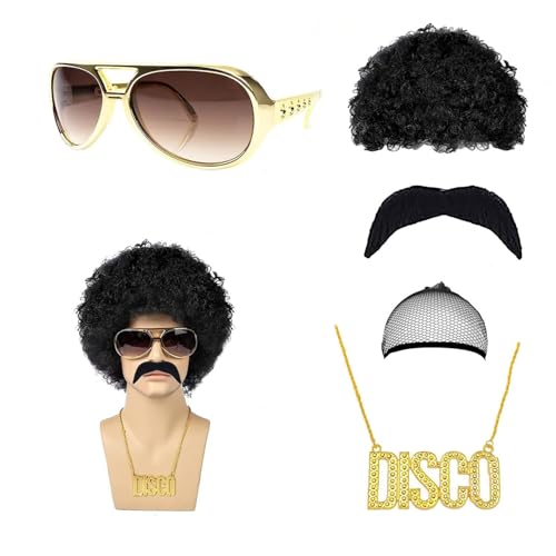 MIVORA Parrucca Uomo Anni 70, Parrucca Afro Anni 70, Accessori hippy, Parrucche uomo per Cosplay, Feste in Costume (Nero)