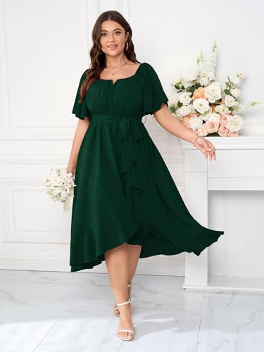 Womens Plus Size Midi Dress Short Sleeve Square Neck Flowy A Line Elegant Cocktail Party Dresses for Wedding Guest - Image 4