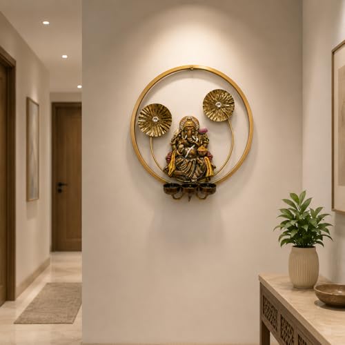 Image of STREET CRAFT - Metal Ganesha Wall Hanging with Diya Stand Golden Ring Frame Spiritual Decorative Item for Home Temple Living Room Festive Use (Size 15x15 Inch)
