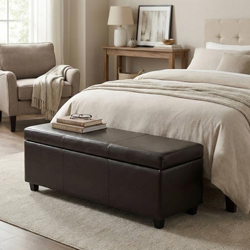 Image of SIMPLIHOME Avalon 48 inch Wide Vegan Leather Storage Ottoman in Tanners Brown
