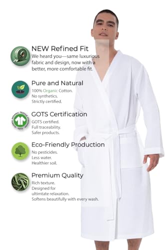 Image of SEYANTE Turkish Cotton Waffle Robe for Men - Organic GOTS Certified Spa Bathrobe, Lightweight Kimono, Soft Cotton Bathrobe