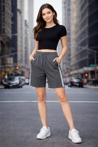 Image of Mack Jonney Women Cotton Knee Length Shorts | Soft Breathable Fabric | Elastic Waist with Drawstring | Side Stripe Casual Gym Workout Shorts for Women
