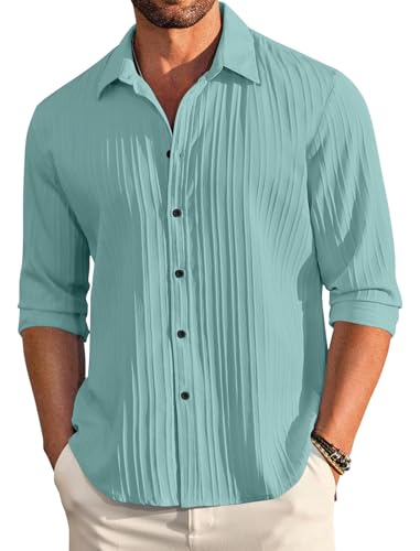 Image of FINIVO FASHION Men's Casual Cotton Plain Button Down Shirt Long Sleeve Textured Summer Beach Shirt for Men
