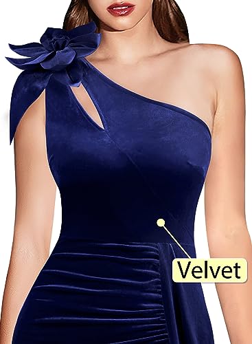 VFSHOW Womens 3D Flower One Shoulder Velvet Formal Wedding Guest Prom Maxi Dress 2023 Sexy Cocktail Evening High Slit Cutout Ruched Spring Winter Long Gown (Navy Blue, Medium) 10783 BLU M - Thumbnail 6