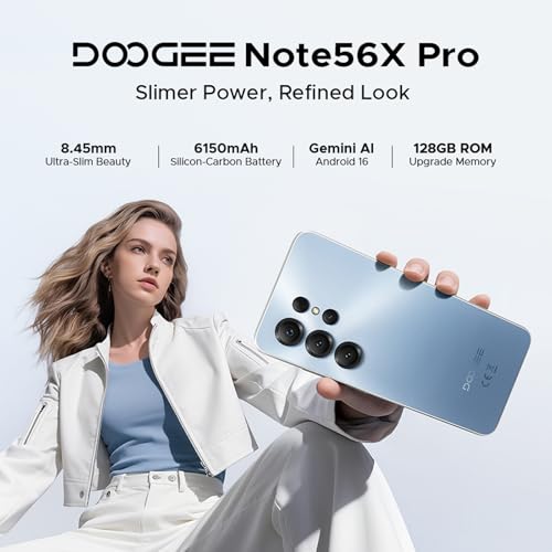 DOOGEE Note 56X Pro Mobile Phones, Newest Android 16 Smartphone with Gemimi AI, 6150mAh, 32GB+128GB/2TB Android Phone, 6.56" HD+ 90Hz, 4G Dual SIM Free Mobile Phone Unlocked, Face ID/5G WiFi/OTG/NFC