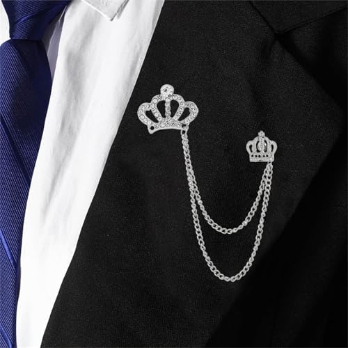 Image of coadipress Crown With Hanging Chain Brooch for Women Men Elegant Gentlemen Gold Silver Crystal Crown Lapel Pin Vintage Rhinestone Wedding Brooch Suit Shirt Pin Accessories