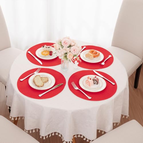 Image of SHACOS 15 inch Round Placemats Set of 6 Braided Non Slip Washable Place Mats for Dining Tables Kitchen Table Mats Home Wedding Party Decor (Red, 6)