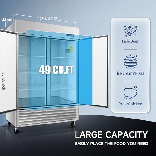 Image of 54 inch W Commercial Upright Freezer with Double-Door: 49 Cubic Feet Storage, Adjustable Shelving, Automatic Defrosting, Precision Digital Thermostat, LED Lights, Safety Locks