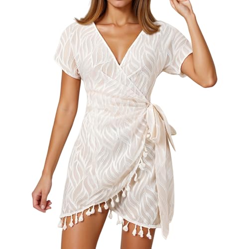 Generisch Vestido cruzado de playa vestido de baño de malla transparente con cuello en V y tejido jacquard para vacaciones en la playa vestido de verano blanco de encaje, beige, XL
