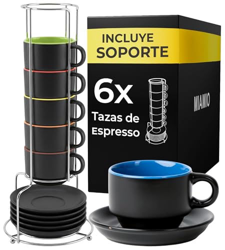 Miamio 6 X 75 Ml Tazas Cafe Espresso De Cerámica De Gres - Juego De Tazas De Café Con Plato - Le Papillon Colección Multicolor