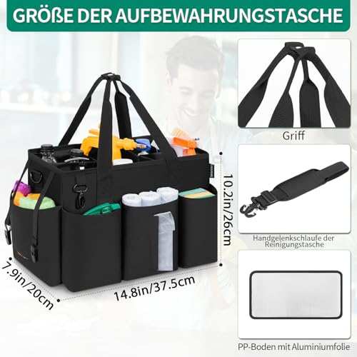 FREEAMG Tragbare Reinigungstasche mit Griff und Herausnehmbarer Trennwand, Faltbarer Putztasche, Tragetasche für Reinigungsmittel, Großer Reinigungs Caddy Organisator für Putzfrau, Haushalt (Schwarz)