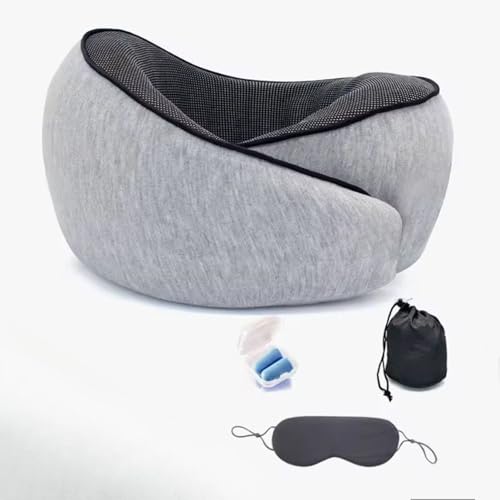 Almohada de viaje – Almohada ergonómica de espuma viscoelástica para viajes, almohada de vuelo compacta y ajustable con máscara de ojos, tapones para los oídos y bolsa de almacenamiento (gris claro)